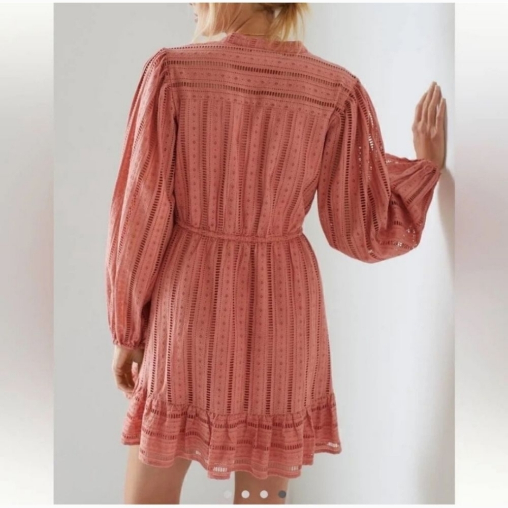 Forever That Girl Anthropologie mini dress Pink Coral Eyelet Long Sleeves Medium - Picture 2 of 11